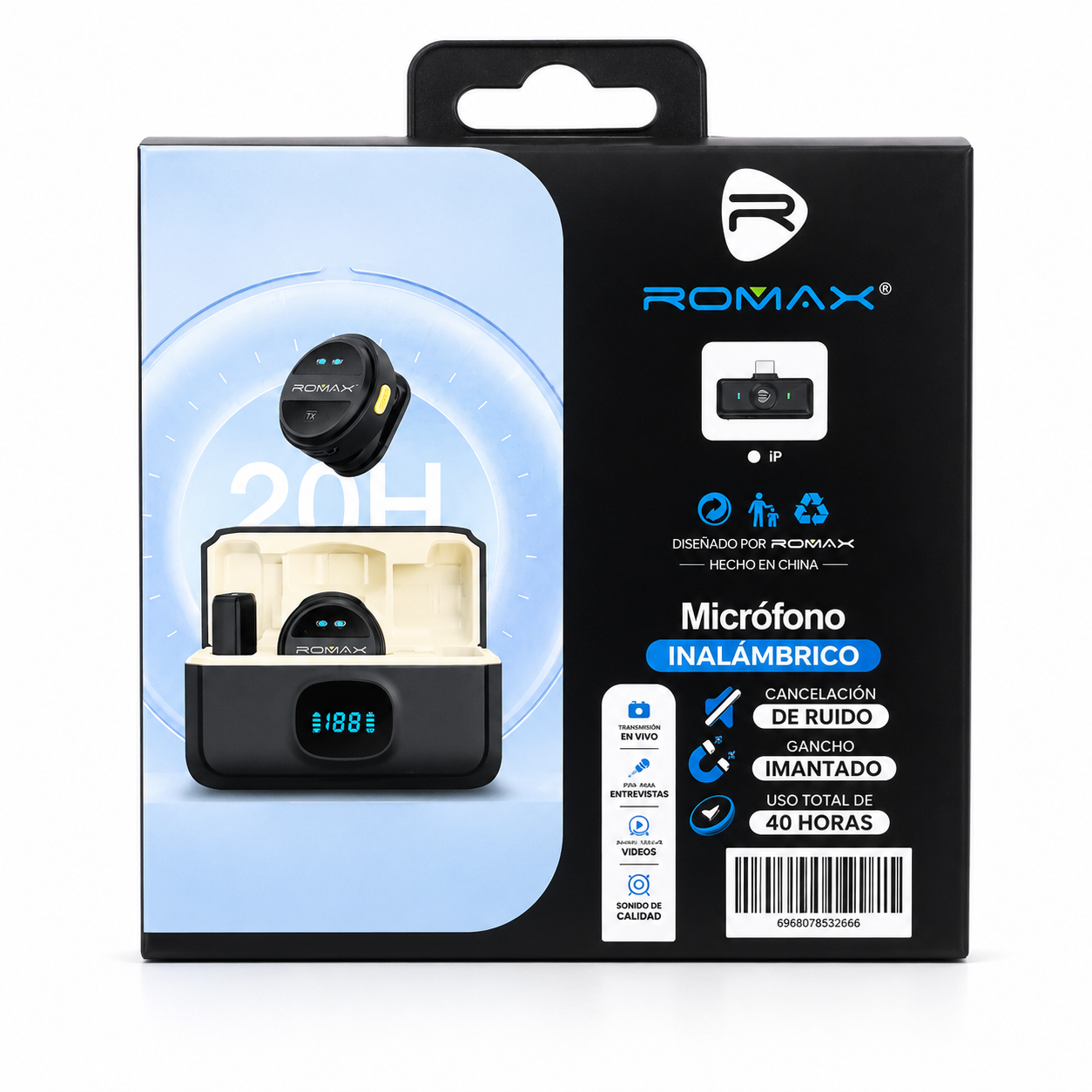 MICRÓFONO INALÁMBRICO USB-C CON CARGADOR Y ANC 40 HORAS