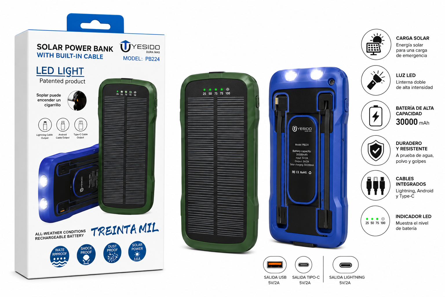 POWER BANK SOLAR YESIDO 30000 mAh