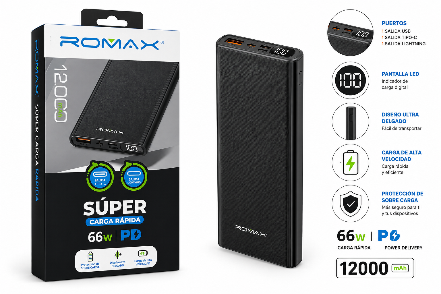 CARGADOR PORTÁTIL ROMAX  12000